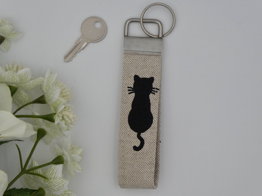 Black Cat, Sitting Fabric Key Fob, Keyring