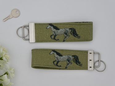 Grey Horse Fabric Key Fob, Green Key Ring