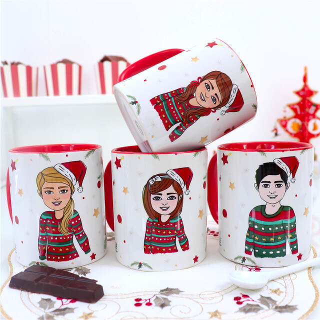 Customised Cartoon Family Christmas Mug Set