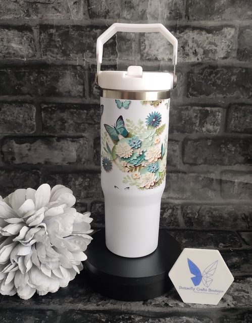 Butterfly 30oz Tumbler with Flip Up Straw & Handle